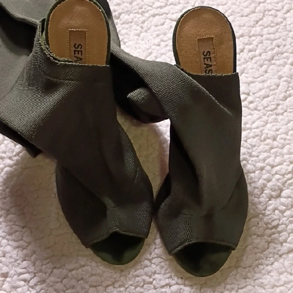 SEASON 2 Olive Green Suede Peep Toe Thigh‎ High Boots Block Heel Size 38 EU